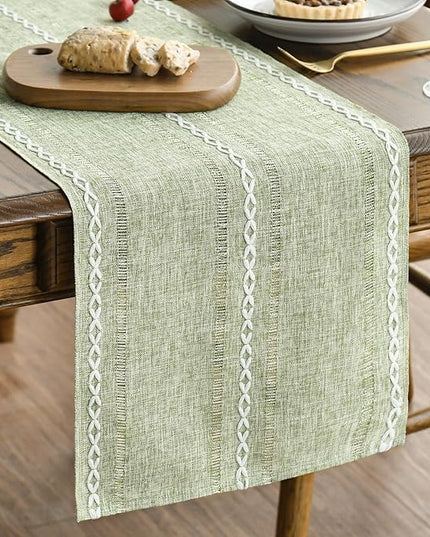 Artoid Mode Sage Green Rustic Cotton Linen Table Runner, Seasonal Embroidered Hollow Kitchen Dining Table Decoration for Home Party Decor 13x90 Inch