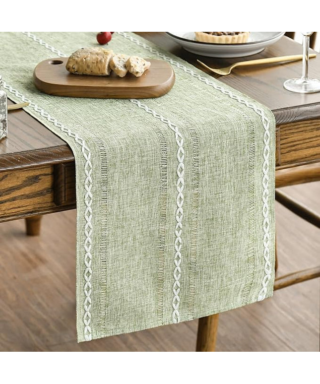 Artoid Mode Sage Green Rustic Cotton Linen Table Runner, Seasonal Embroidered Hollow Kitchen Dining Table Decoration for Home Party Decor 13x90 Inch