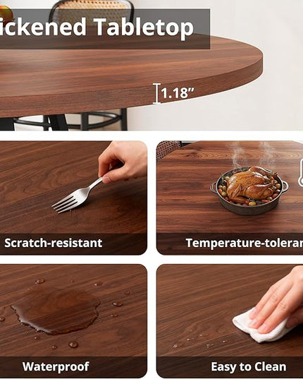 LIKIMIO Round Dining Table for 4, 47.2” Wooden Kitchen Table with Rattan Storage Shelf, Space-Saving for Modern Dining Room, Living Room, Walnut