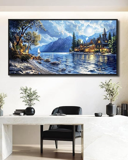 XIGUANGART Blue Coastal Wall Art Ocean Picture Mountain Wall Decor Lake Beside Countryside Large Canvas Print Art for Living Room Bedroom Home Office Forest Scenery Painting Decoration Framed Artwork