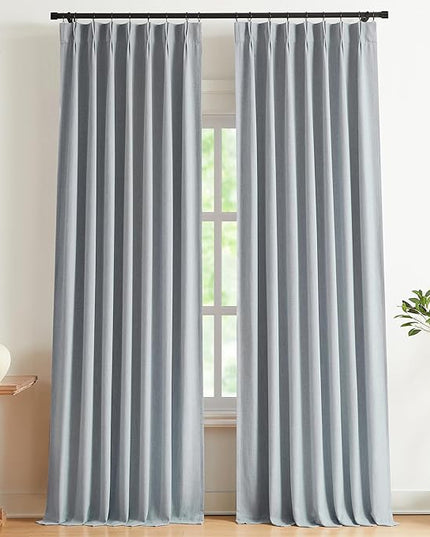 Vision Home Blue Gray Pinch Pleated Full Blackout Curtains Linen Blended Room Darkening Window Curtains 90 inch for Living Room Bedroom Thermal Insulated Pinch Pleat Drapes with Hooks 40" Wx90 Lx2