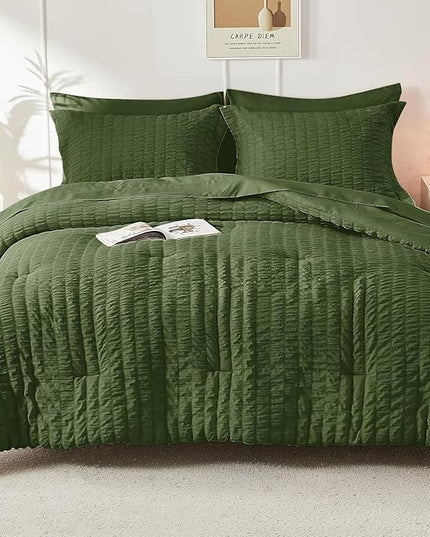 HYMOKEGE Olive Green Queen Comforter Set Seersucker 7 Pieces, All Season Luxury Bed in a Bag Queen for Bedroom, Bedding Set with Comforter, Sheets, Pillowcases & Shams