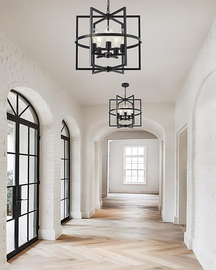 19'' Black Chandelier for Dining Room, 5-Light Modern Farmhouse Chandelier with Geometric Cage Adjustable Industrical Hanging Pendant Light Fixture for Kitchen Entryway Hallway Foyer Bedroom