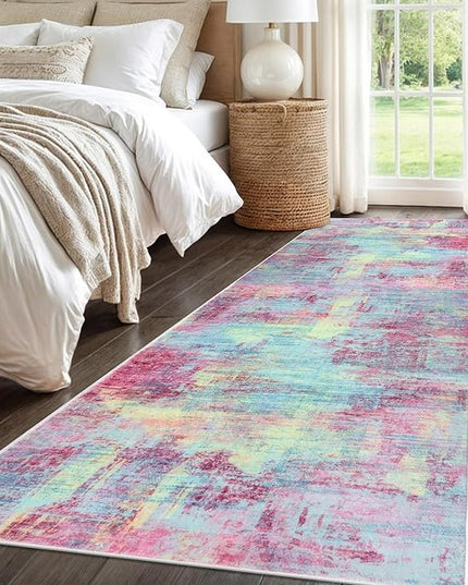 IOHOUZE Abstract Runner Rug 3x8 Ft Washable Runners for Hallways, Non Slip Kitchen Runner Printed Faux Wool Entryway Runner Indoor, Modern Abstract Floor Carpet for Hall Kitchen Bedroom, Pink Teal