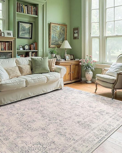 jinchan 5x7 Ivory Area Rugs for Living Room – Machine Washable Vintage Floral Soft Stain Resistant Low Pile Rug, Non Slip Ultra-Thin Carpet for Bedroom Dining Room Home Office Nursery (5'x7', Ivory)