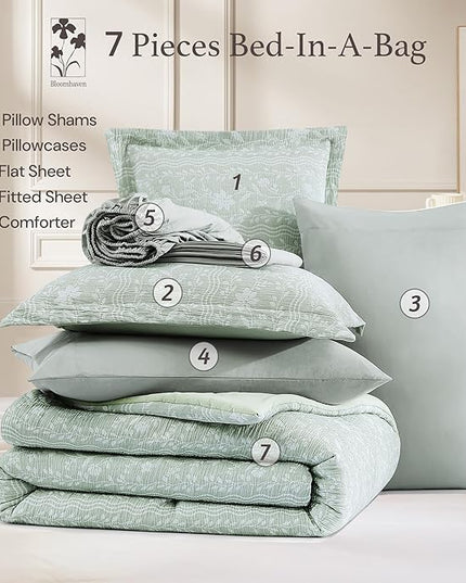 King Comforter Set -7 Pieces Green Floral Comforter Set for All Seasons, Bed in a Bag King with Botanical Flowers Comforter, Sheets, Pillowcases & Shams