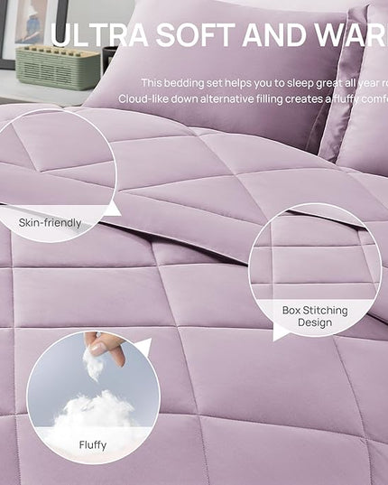 Love's cabin California King Comforter Set Light Purple, 7 Pieces California King Bed in a Bag, All Season Bedding Sets with 1 Comforter, 1 Flat Sheet, 1 Fitted Sheet, 2 Pillowcase and 2 Pillow Sham