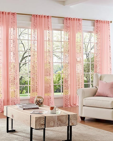 jinchan Winslow Pink Sheer Curtains 84 Inch for Bedroom Living Room Embroidered Bordered Floral Nursery Curtains for Girls Room Dorm Light Filtering, 2 Panels, 50W x 84L