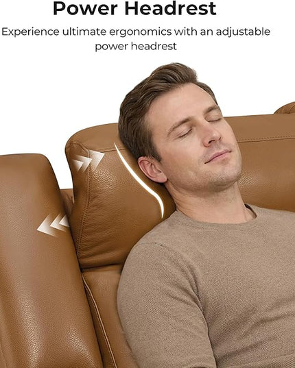 CHITA Genuine Leather Power Recliner Sofa, Wall Hugger Reclining Loveseat with Console, Power Headrest, Charging Ports, Reclining Sectional Couch for Living Room, RV, Saddle