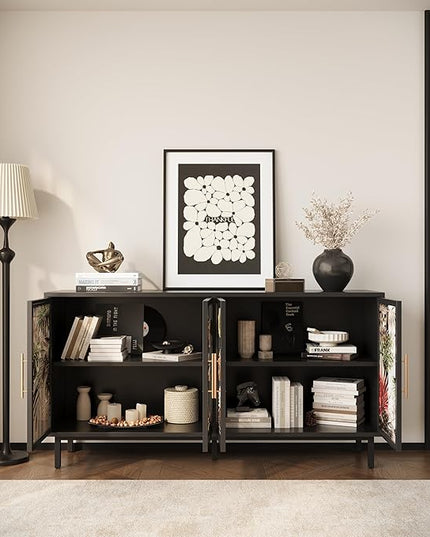 GDFStudio 60.3" Retro Buffet Sideboard Cabinet with 4 Glass Doors, Modern Glazed Painting Art Storage Cabinet Console Table, Artistic Tropical Glass Credenza Buffet for Living Room Dining Room, Black