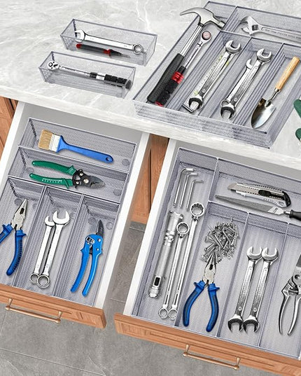 Neudeco Drawer Organizer Set 6 Pack - 5-Compartment Silverware Organizer Tray + 5 Utensil Trays, Kitchen Drawer Organizer for Flatware, Cutlery, Office Supplies, Silver Mesh, Non-Slip