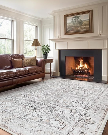 jinchan 8x10 Machine Washable Area Rugs for Living Room - Vintage Floral Stain Resistant Low Pile Ultra-Thin Non Slip Accent Rug for Bedroom Kitchen Dining Room Home Office (8x10ft,Taupe)