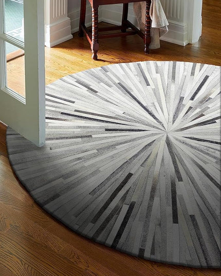 Premium Cowhide Leather Round Area Rug, Hand Made House Carpet for Living Room, Bedroom, Entryway, Stripes Patterned, Color: Grey, Size: 10X10 ft