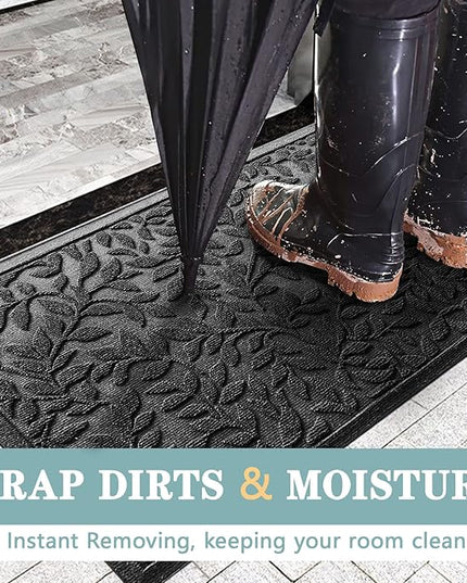 Bulijojo Sturdy Front Entrance Doormats,Durable Heavy Duty Welcome Mat,Thick Absorbent Natural Rubber Non Slip Mat,Easy Clean Entryway Mat 17x30 Inch Leaves Black