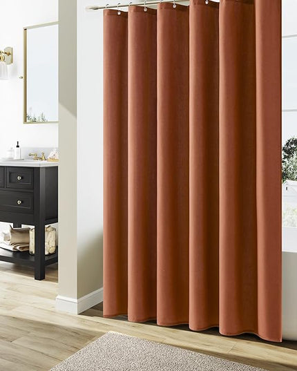 Terracotta Boho Linen Shower Curtain, Country Farmhouse Bath Decor Shower Curtains Neutral Cloth Weighted Textured Fabric Bath Curtain Liner with Hooks, 72x72
