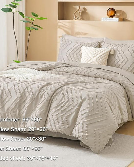 Litanika Twin Comforter Set with Sheets Oatmeal - 5 Pieces Boho Tufted Shabby Chic Bed in a Bag, Fluffy Soft Farmhouse Bed Set for All Seasons