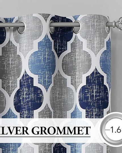 Beauoop 100% Blackout Curtains 63 Inches Long 2 Panels for Bedroom Living Room Blue Grey Moroccan Geo Room Darkening Thermal Insulated Soundproof Grommet Top Window Treatments Drapes, 50x63 Set of 2