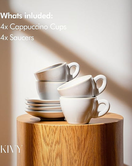 KIVY Cappuccino cups set [4x 8oz] - Thick-walled stoneware cappuccino cup set for latte art - Cappuccino coffee cups - Tazas de cafe - Latte cups - Ceramic latte art cup and saucer set of 4 - Grey