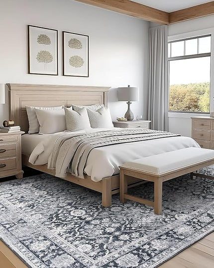 ReaLife Rugs Machine Washable Area Rug - Living Room Bedroom Bathroom Kitchen Entryway Office - Padded Low Pile Stain Resistant Premium - Boho Farmhouse Vintage - Noor - Dark Gray Ivory 5' x 7'