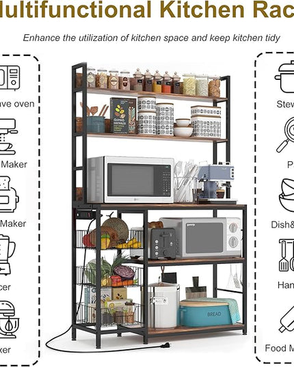 Baker Rack with Power Outlet,5-Tier Kitchen Utility Storage Shelf with Hooks,Microwave Oven Stand with Storage,Kitchen Shelf with Basket，Rustic Brown