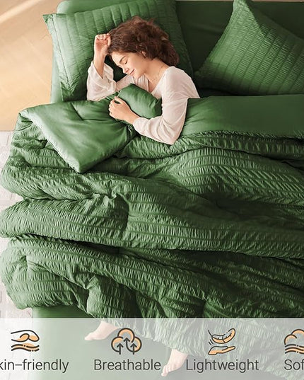 MUXHOMO 7 Pieces King Comforter Set, Seersucker Bed in a Bag King Size, All Season Luxury Bedding Set with Comforter, Flat Sheet, Fitted Sheet, Pillowcases & Shams, Dark Green