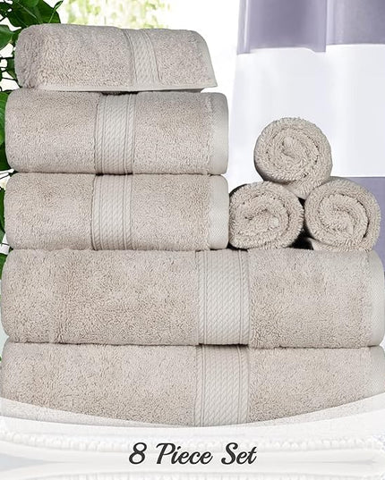 Superior Egyptian Cotton Pile 8 Piece Towel Set, Includes 2 Bath, 2 Hand, 4 Face Towels/Washcloths, Ultra Soft Luxury Towels, Thick Plush Essentials, Guest Bath, Spa, Hotel Bathroom, Stone