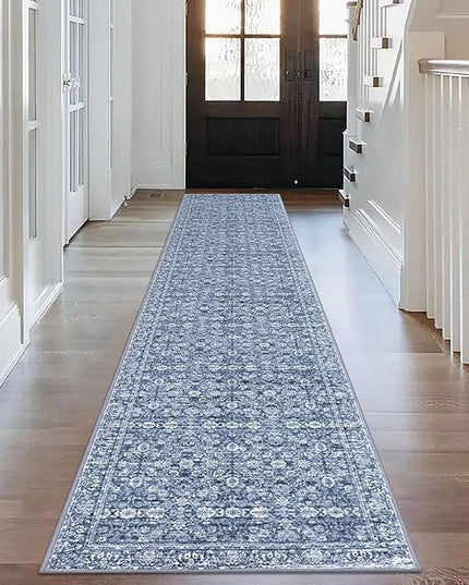2.6x14 Runner Washable Rug for Kitchen, Blue Soft Classic Runners with Non-Slip, Non-Shedding Distressed Floral Rug for Hallways Entryway Bedroom Bathroom Laundry Indoor