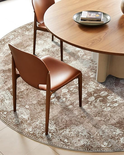 jinchan Round Rug 6ft Area Rug - Brown Vintage Floor Mat Kitchen Indoor - Washable Circle 6' Thin Floral Print Carpet Retro Farmhouse Non Slip Dining Room Living Room Bedroom Office