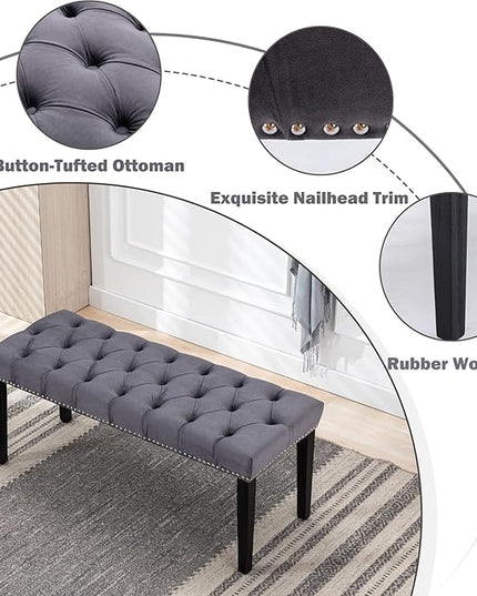 KCC Button-Tufted Ottoman Bench, Upholstered Bedroom Benches Velvet Footrest Stool Accent Bench for Entryway Dining Room Living Room Bedroom End of Bed, Dark Gray