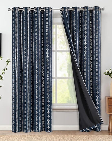 jinchan 95% Blackout Boho Curtains 84 Inches Long for Bedroom Living Room Festive Silver Geometric Foil Printed Curtain Grommet Top Room Darkening Drapes Off White 52 x 84 2 Panels