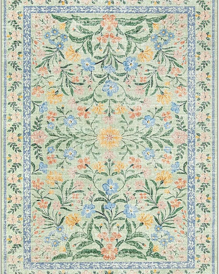 Wonnitar 10x14 Machine Washable Area Rugs, Green Floral Large Rugs for Living Room, Ultra-Thin Foldable Boho Flower Print Bedroom Carpet for Dorm Apartment Office