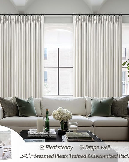 Extra Wide 70 Inch Pinch Pleated Floor to Ceiling Curtains 120 Inches Long for Dining Room, Beige White Blackout Memory Trained Double Layer Linen Insulated Soundproof Drapes Rustic Curtain 2 Panels