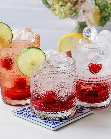 Hobnail Beaded Floral Clear Drinking Glasses Set of 6, (10 oz) Vintage Glassware Set by Kate Aspen| Cocktail Glass Set, Juice Glass, Water Cups | Great Hostess Gift & Gift for New Home Owners