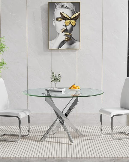 HomVent Round Glass Dining Table Set for 2, 3-Piece Modern Kitchen Table Set with 2 PU Upholstered Chair for Kitchen Dining Room, Glass Dining Room Table Set