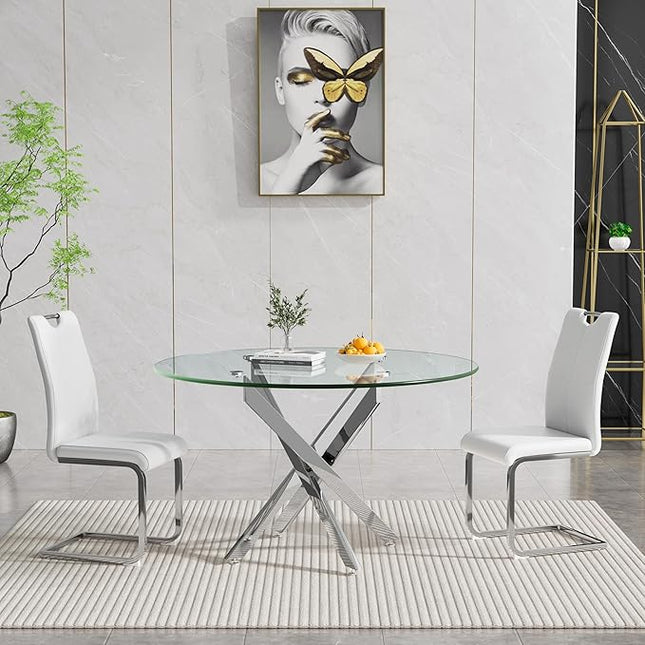 HomVent Round Glass Dining Table Set for 2, 3-Piece Modern Kitchen Table Set with 2 PU Upholstered Chair for Kitchen Dining Room, Glass Dining Room Table Set