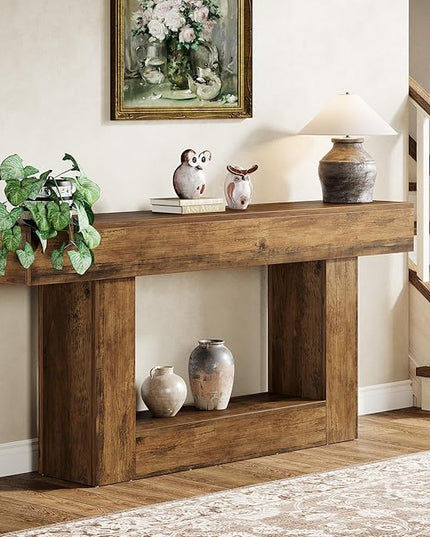 Tribesigns 63" Console Table, Farmhouse 2-Tier Entryway Table with U-Shaped Base, Narrow Long Wood Sofa Table Behind Couch Table for Living Room, Hallway, Foyer, Vintage Brown