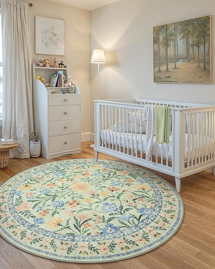 Wonnitar Washable Floral Round Rug, 6ft Sage Green Round Area Rugs for Bedroom Nursery, Boho Non-Slip Indoor Large Circle Carpets for Dining Room Living Room Kids Playroom