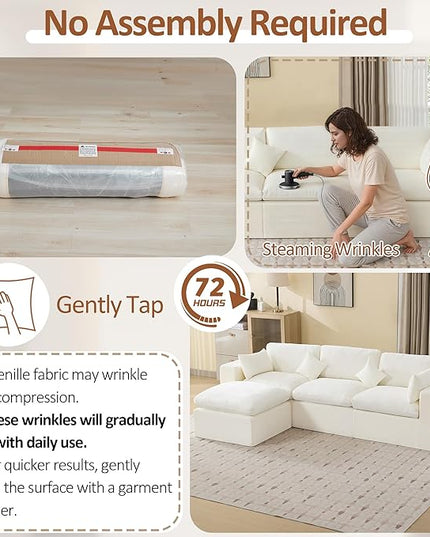 115''Cloud Boneless Sectional Couch, Modular Sectional Sofa Deep Seat with Ottoman, Oversized Upholstered Convertible Comfy 4 Seater Chenille Sofa L Shape Couches for Living Room, Beige