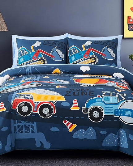Full Size Comforter Set for Boys-7 Pieces Truck Tractor Excavator Glow in The Dark Full Bedding Sets for Kids, Ultra Soft Bed in A Bag with Sheets