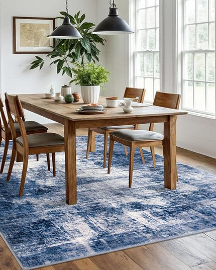 IOHOUZE Abstract Area Rugs 6x9 Ft Washable Rugs for Living Room, Non Slip Dining Room Rug, Printed Faux Wool Rugs for Bedroom, Floor Carpet for Office Nursery Playroom, Navy/Grey