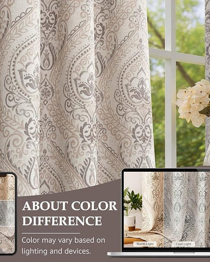 jinchan Linen Textured Curtains for Living Room Darkening 72 Inch Length, Medallion Drapes for Bedroom, Damask Pattern Window Treatments Vintage Curtain Panels, 2 Panels Taupe on Greige