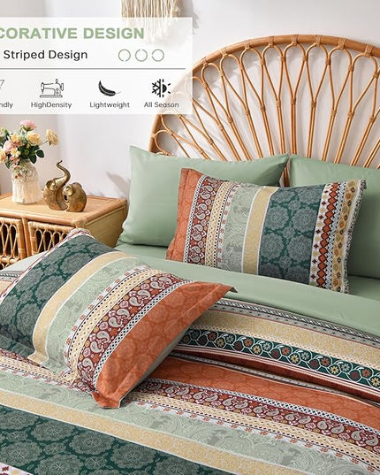 Cottolester Boho Comforter Set Queen Size,8 Pieces Sage Green and Orange Bohemian Striped Bed in a Bag,Paisley Soft Microfiber Bedding Comforter Set