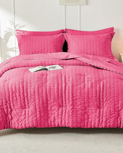 HYMOKEGE Hot Pink King Size Comforter Set Seersucker 7 Pieces, All Season Luxury Bed in a Bag for Bedroom, Bedding Set with Comforter, Sheets, Pillowcases & Shams