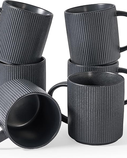 famiware Coffee Mug Set for 6, Star 16 oz Catering Mugs Cup Set with Handle for Coffee, Tea, Cocoa, Milk - Ceramic Stoneware Drinkware Set, Matte Dark Charcoal