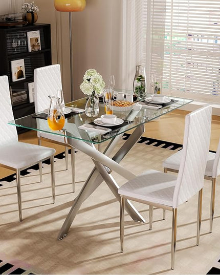 47.24 Inch Glass Dining Table, Rectangular Kitchen Glass Table for 4 People, Modern Dining Room Table for Dinner Kitchen Dining Room(Silver)