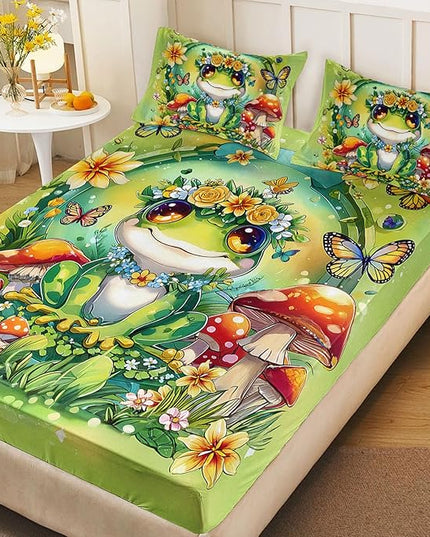 AILONEN Cartoon Green Frog Sheet Set Twin XL Size for Kids Girls Boys,Kawaii Green Wild Animals Bedding Set,Mushroom and Butterfly Bed Sheets,Super Soft Microfiber,1 Fitted Sheet and 2 Pillowcases