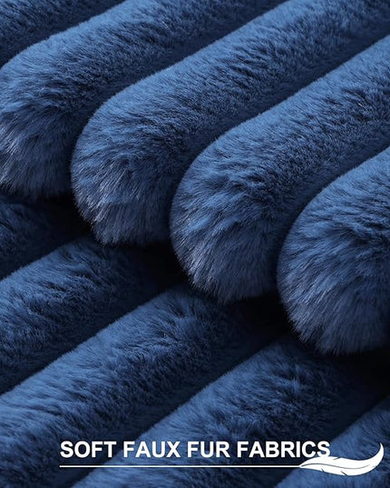 Pallene Faux Fur Plush Throw Pillow Covers 22x22 Set of 2, Luxury Soft Fluffy Striped Decorative Pillow Covers for Sofa, Couch, Living Room, Navy Blue