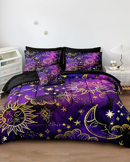 Merryword 8 Pieces Universe Bed in a Bag Sun and Moon Comforter Set King Size Galaxy Bedding Purple Gold Moon Star Pattern Bohemian Gothic Comforter Set for Boys Girls Women