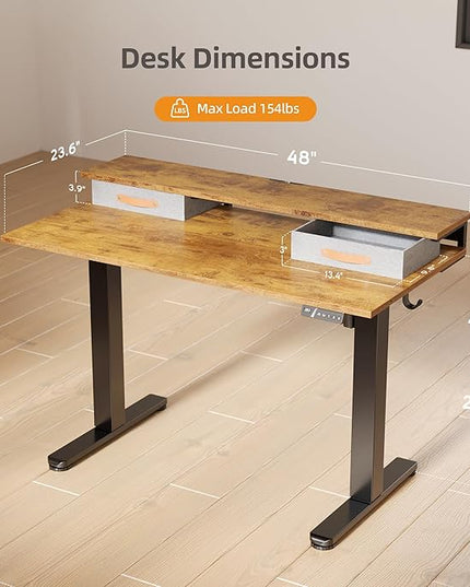 Claiks Electric Standing Desk with 2 Drawers, Adjustable Standing Desks with Storage, Height Adjustable Stand up Desk for Home Office with 2 Hooks,48 Inch Ruist Brown