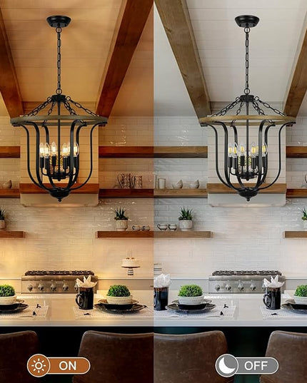 Black Farmhouse Chandelier Light Fixture, 6-Light Rustic Lantern Pendant Light,Vintage Cage Chandelier for Entryway Foyer Dining Room Kitchen Island Hallway.